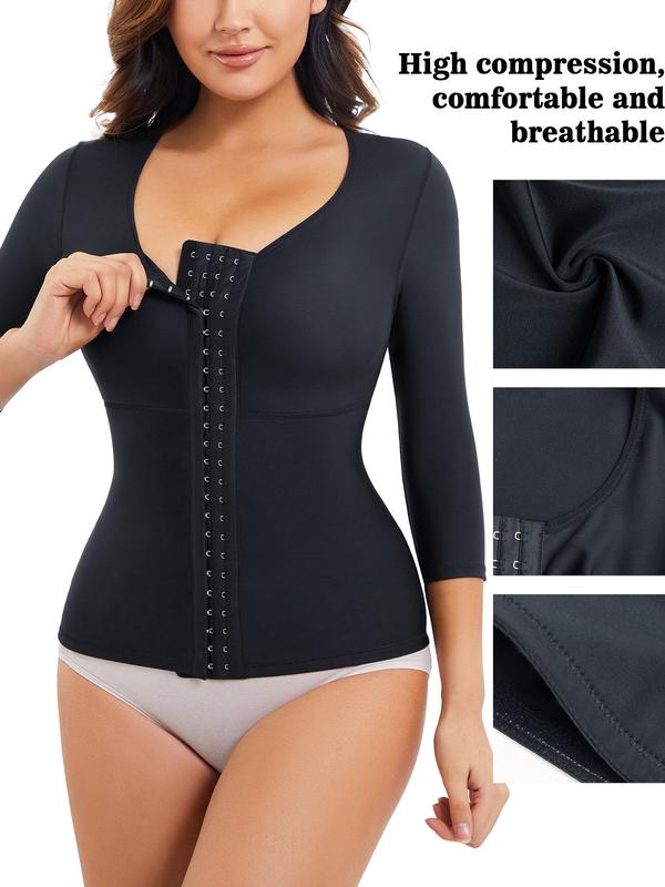Women's Solid Color Hook & Eye Front Shapewear Top, High Stretch Tummy Control Shaper, Tummy Tuck Shaper, Women's Shapewear for All Seasons